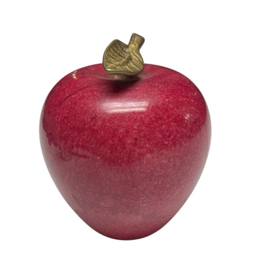 Vintage Red Stone‎ Apple Paperweight Brass Leaf Desk Office Decor